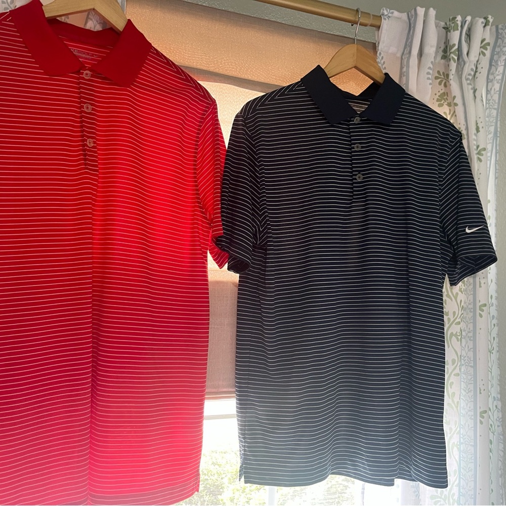 2 Nike Men's Dri-fit Polo Golf Shirts - Red and Navy Stripes L